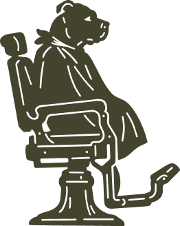 A cartoon illustration of a dog sitting in a barber's chair, dressed in a barber's gown, with a barely visible tail.