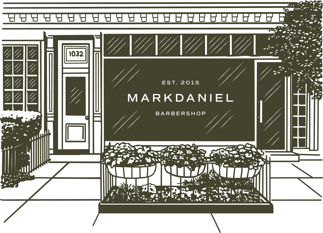Illustration of the exterior of a barbershop with a large sign reading 'MarkDaniel Barbershop,' established in 2015, and featuring storefront windows, potted plants, and landscaping.
