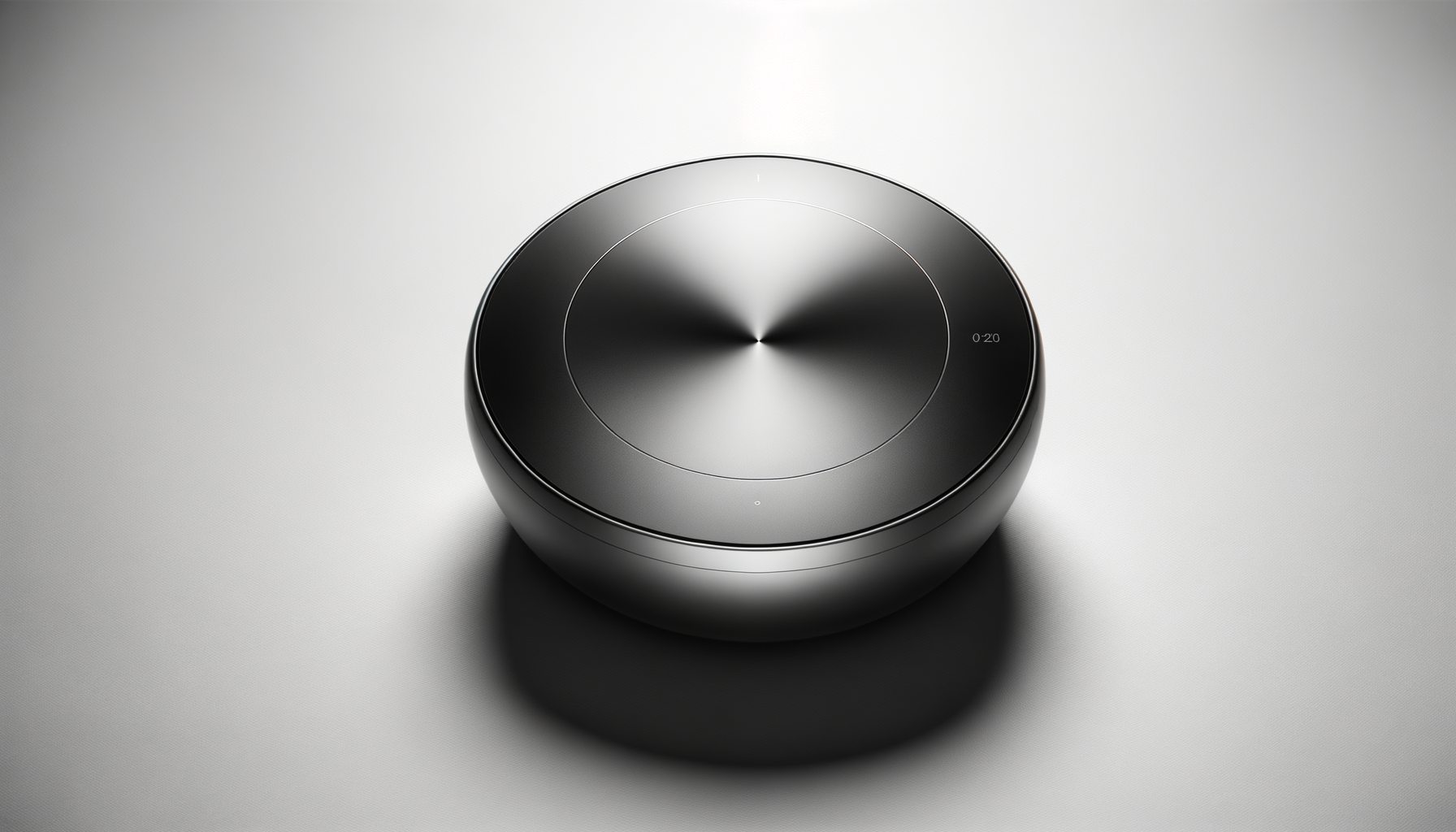 A sleek, black, circular induction cooktop with a metallic finish, placed on a light-colored surface.