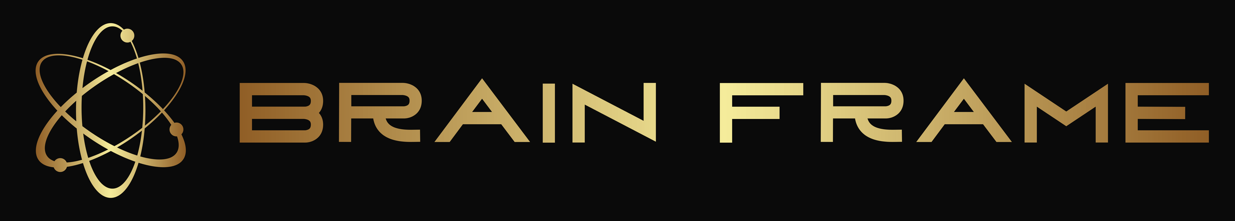 Gold and black logo with an atom symbol and the words "BRAIN FRAME" in gold.