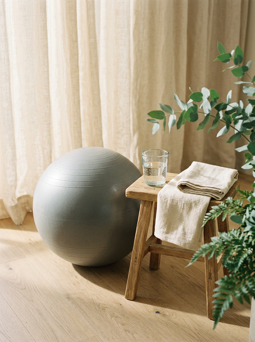 Palla da ginnastica grigia, un bicchiere d'acqua e un asciugamano su una sedia di legno, con piante verdi intorno, in un ambiente luminoso con tende beige.