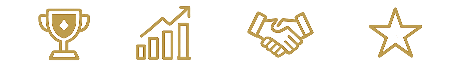 Four gold icons on a black background: a trophy, a financial growth chart, a handshake, and a star.