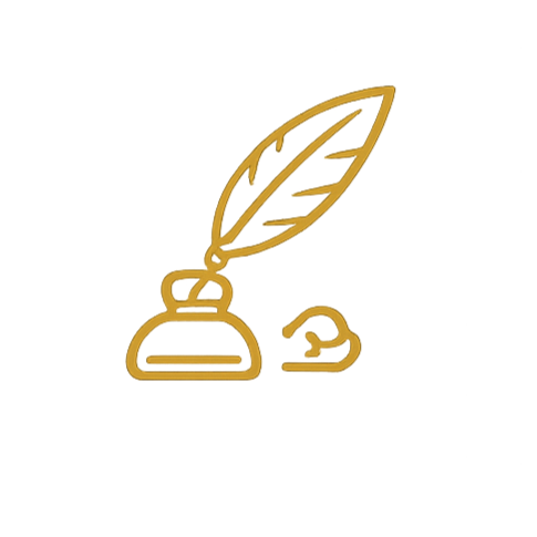 Gold-colored ink bottle with a feather quill and a small ink drop