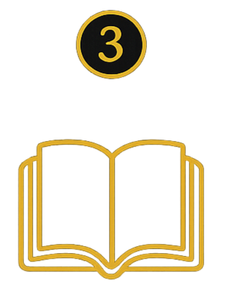 Open book with yellow and green pages and a black circle with the number 3 inside at the top