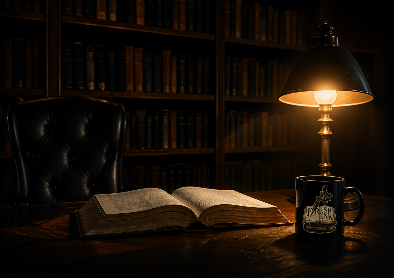 A dark, cozy library room with a leather office chair next to a wooden desk. The desk has an open book, a lit table lamp, and a mug with a graphic design. In the background, there are tall bookshelves filled with books.