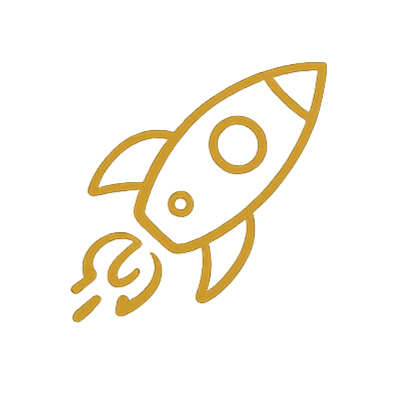 Gold outline of a rocket ship with flames coming out of the bottom.