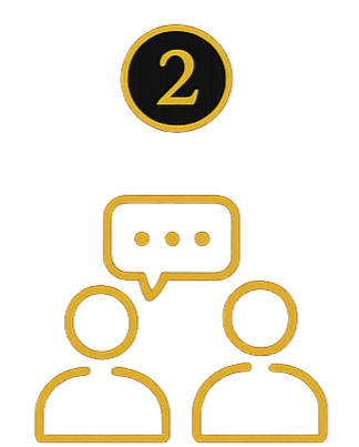 Icon showing the number 2 at the top, with two speech bubbles containing a smiley face and a thumbs-up sign, and two people below the bubbles.