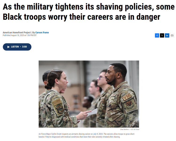 Bibby, now the co-CEO of the Black Veterans Project, sees the changes as part of a broader political message. Studies suggest more than 45 percent of Black men in the military have PFB. "I think it’s more about the politics of the Trump Administratio