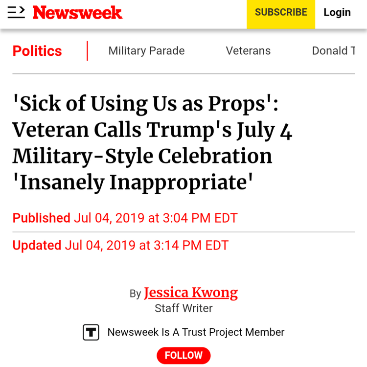 Having military personnel transport tanks from distant bases to Washington, D.C., over Fourth of July week is "insanely inappropriate," Marine Corps veteran Kyle Bibby told Newsweek on Wednesday, "And flies in the face of everything that I understood