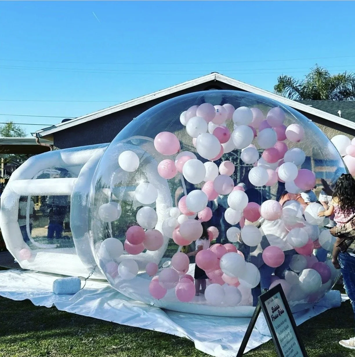 A bubble balloon with pink and white balloons inside, set outdoors with people around on a sunny day.