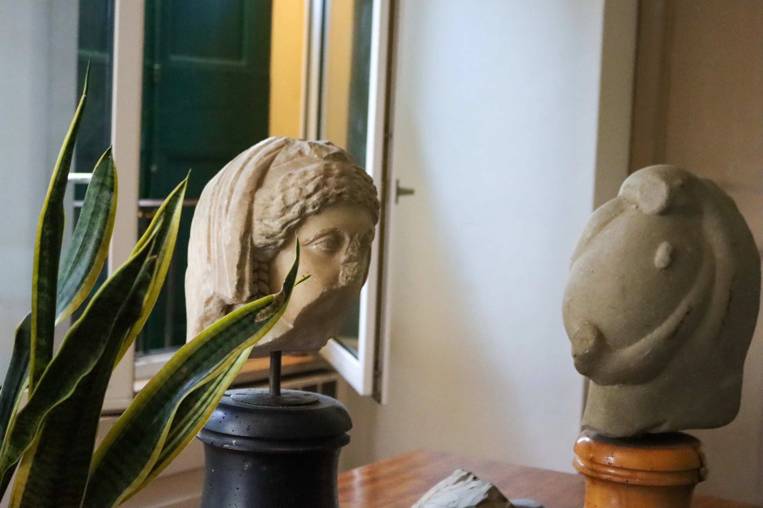 A decorative indoor display featuring a classical sculpture bust of a woman with detailed hair, a modern ceramic sculpture of a face, and a potted snake plant, with a lamp and furniture in the background.