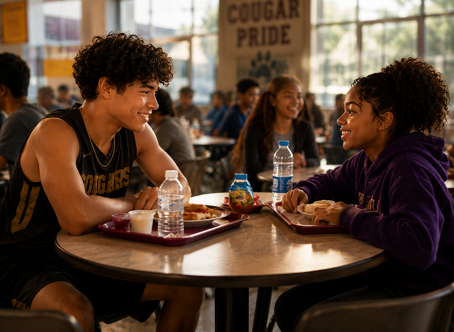Two teenagers having a friendly conversation and smiling at each other while sitting at a cafeteria table. They have trays with lunch, water bottles, and drinks. The background shows other students sitting and talking, with a sign in the background that reads 'Cougar Pride'.