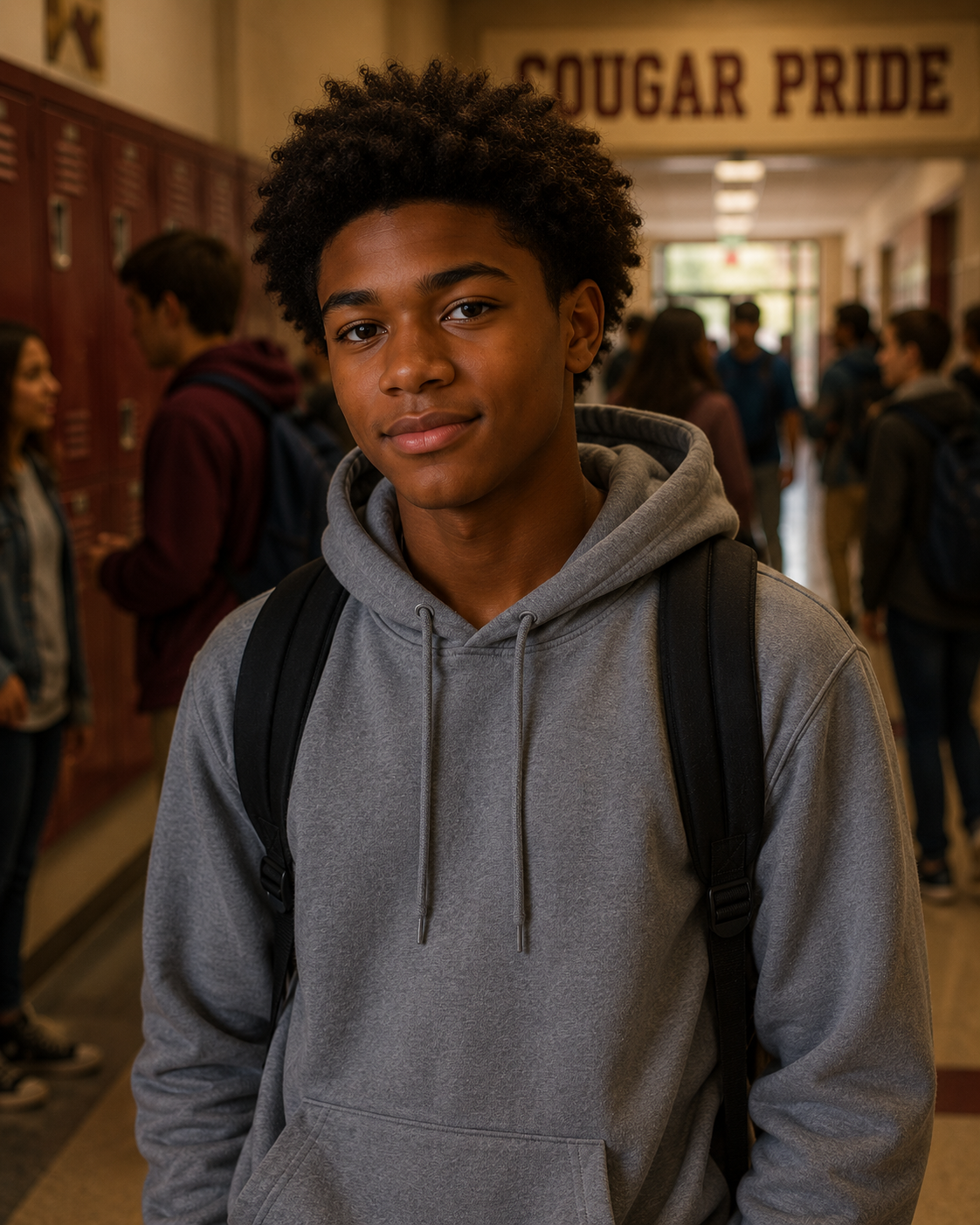 A teenage boy with curly hair and a gray hoodie standing in a school hallway with lockers and other students, with a 'Cougar Pride' banner in the background.