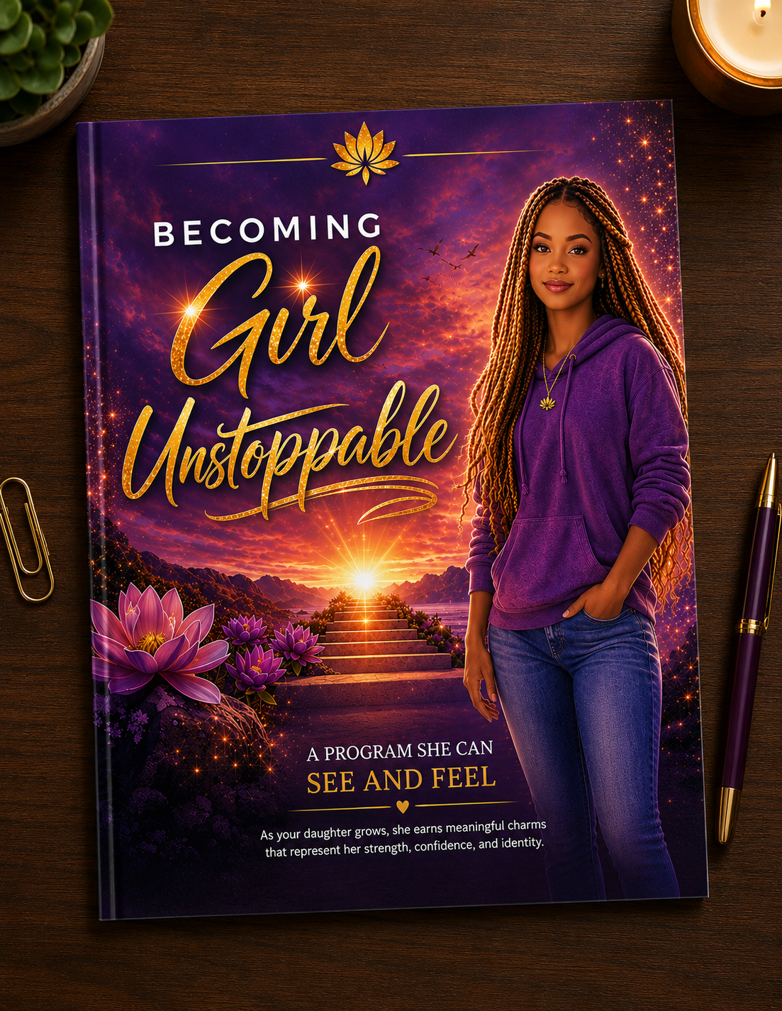 Cover of a book titled "Becoming Girl Unstoppable," featuring a young woman with long braids in a purple hoodie standing outdoors at sunset, with purple flowers and a staircase in the background.