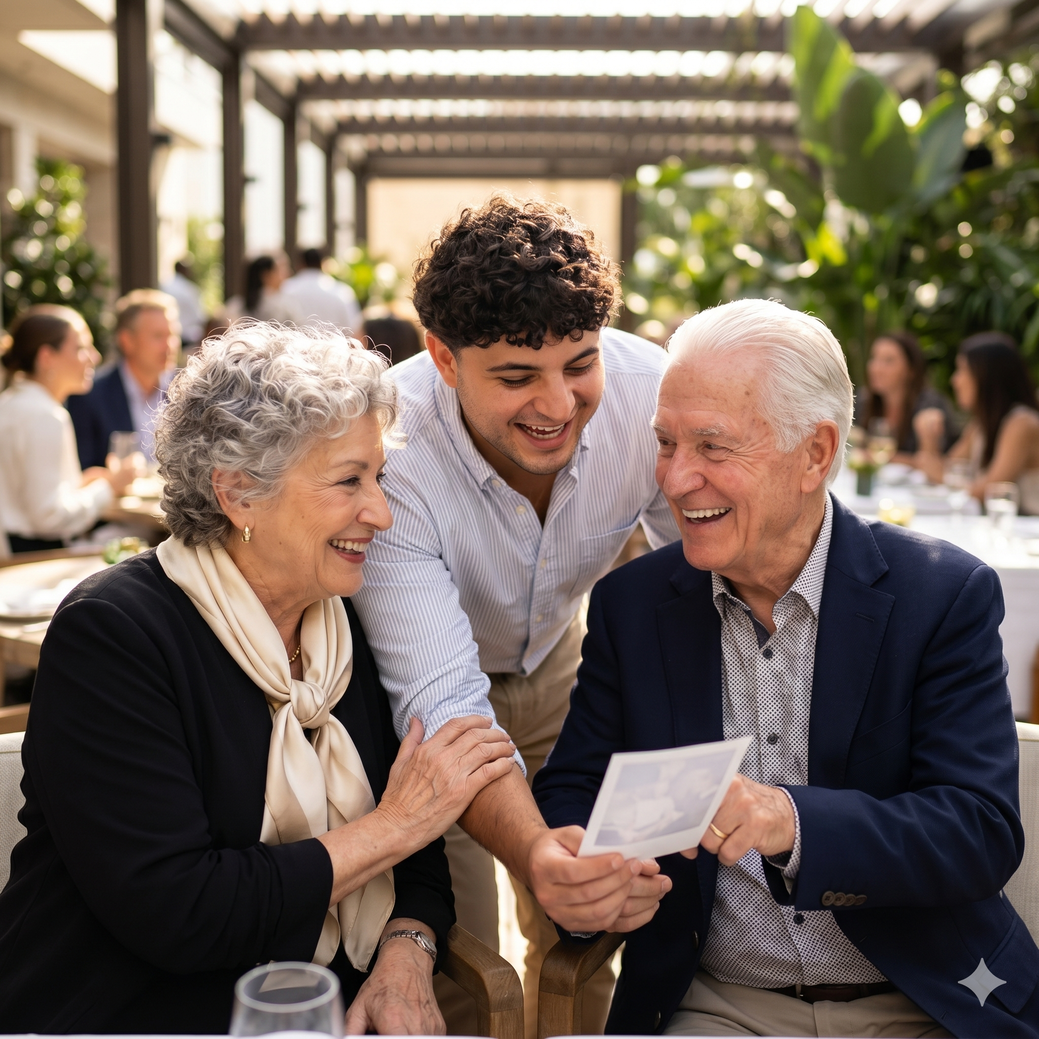 Multiple people at a social gathering outdoors, engaged in conversation, with trees and a pergola in the background.