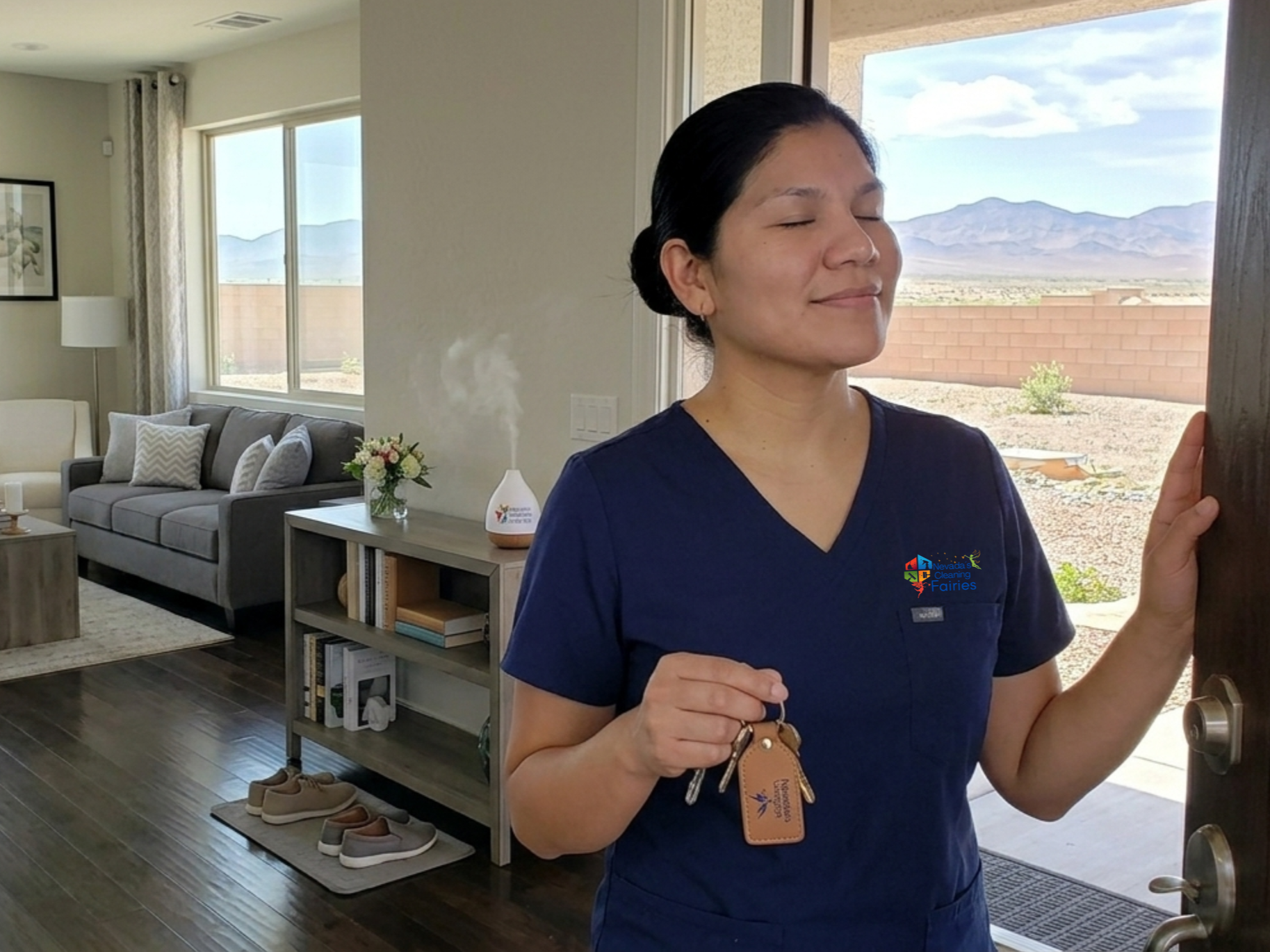 A woman in a Nevada's Cleaning Fairies uniform opening the front door to a spotless home, closing her eyes and smiling as she breathes in the fresh air, with shining hardwood floors and a perfectly organized living room in the background.