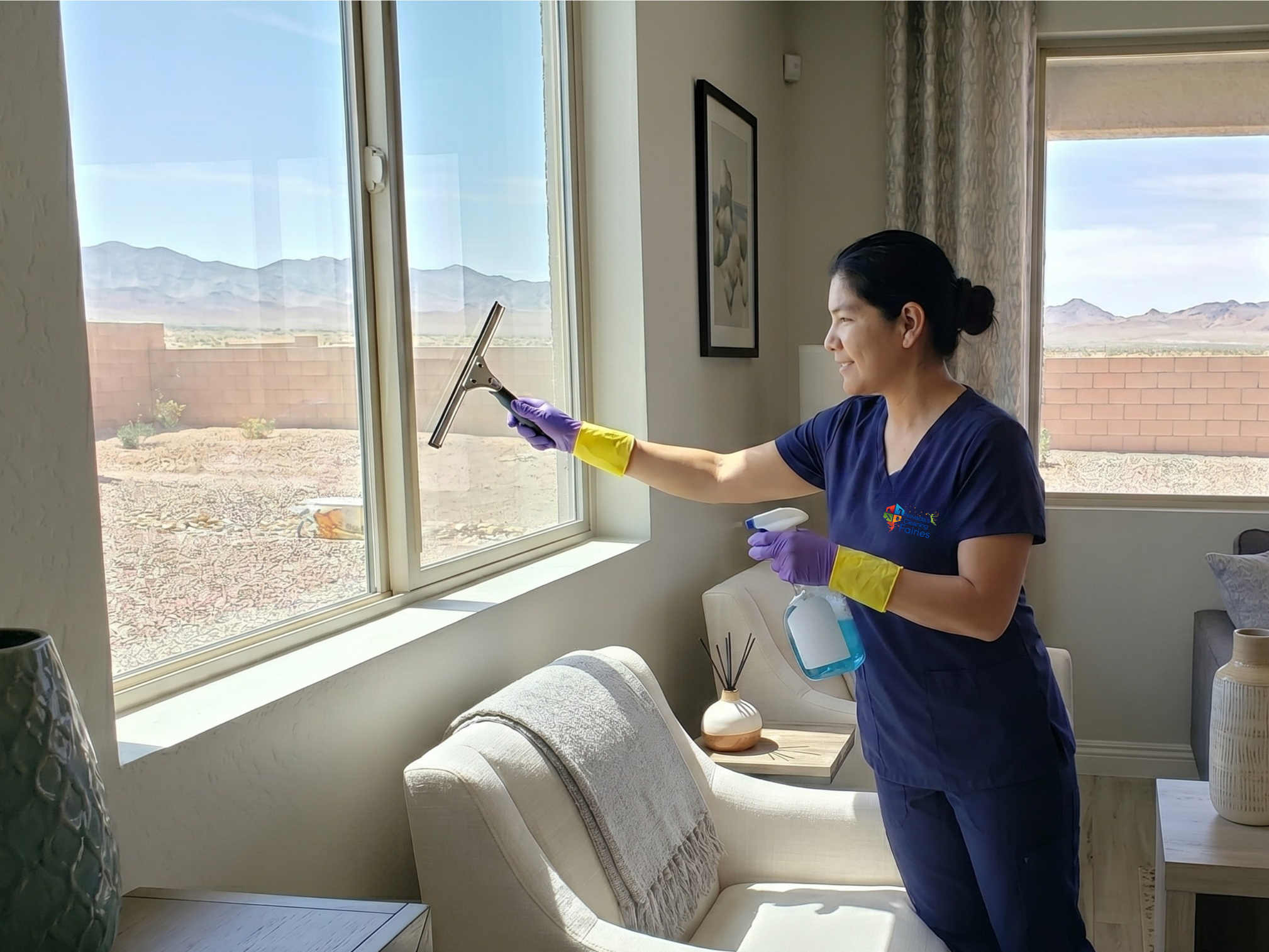 A smiling professional cleaner in a navy blue uniform and purple and yellow gloves uses a squeegee to wash a large window, with a sunny desert landscape and mountains visible outside.
