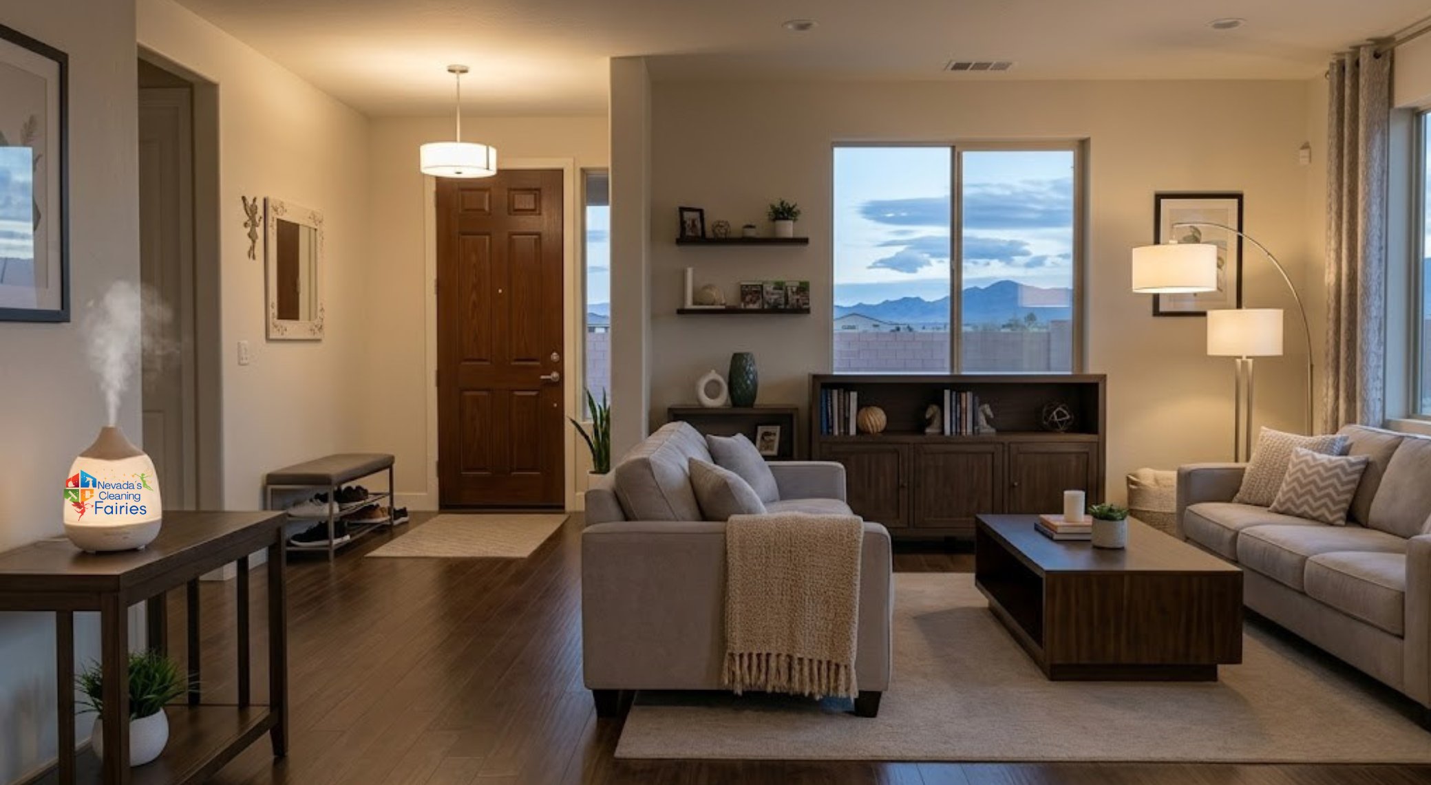 A neatly organized modern living room and entryway with soft warm lighting, a subtle essential oil diffuser misting in the background, and clutter-free surfaces
