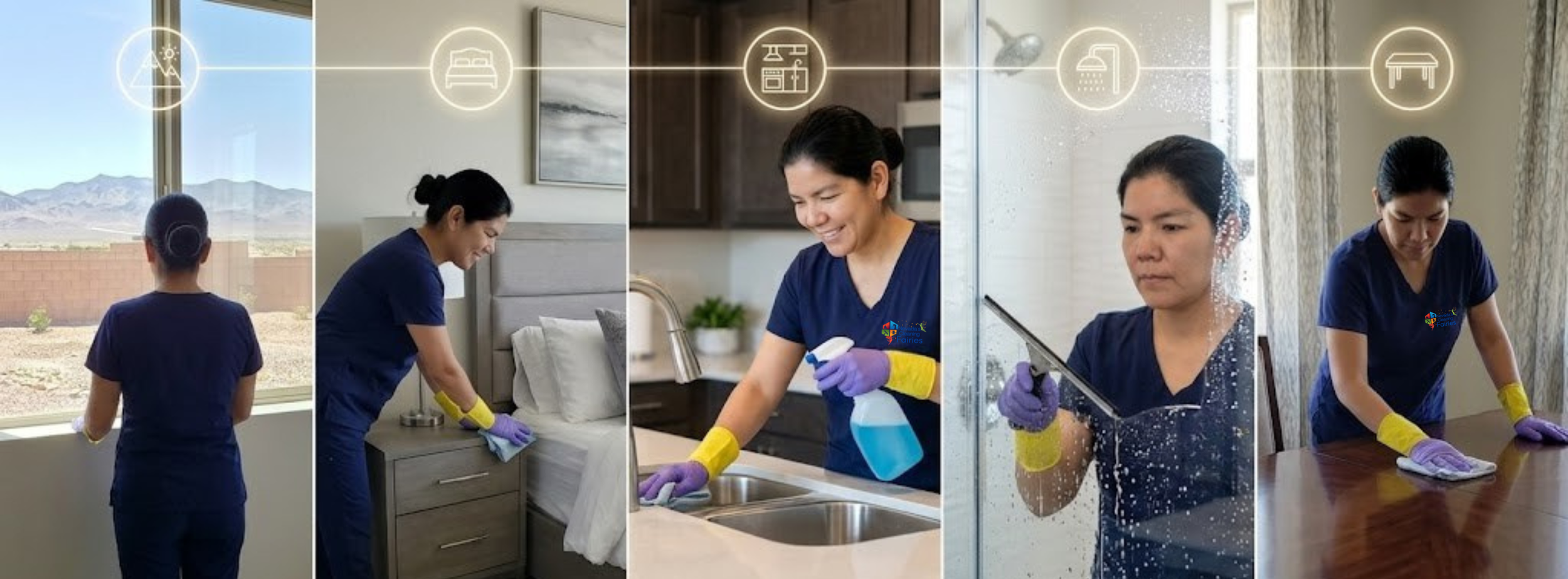A professional cleaner from Nevada's Cleaning Fairies in a navy blue uniform performing comprehensive house cleaning tasks across five panels, including a window view, bedroom, kitchen, bathroom shower, and dining room.