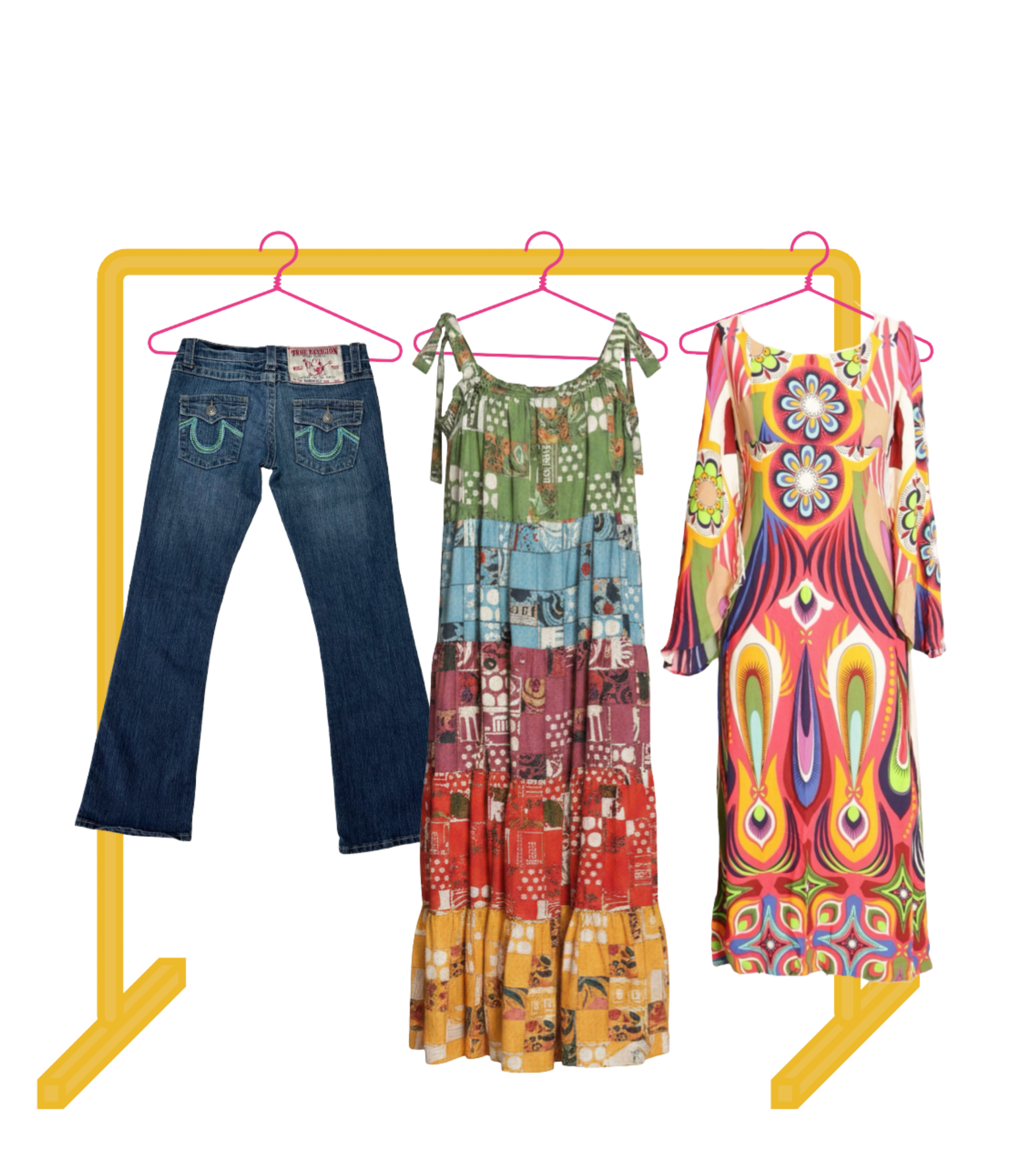 Three outfits hanging on pink hangers inside a yellow clothing rack. The first outfit on the left is a pair of blue jeans with embroidered back pockets. The middle outfit is a multicolored patchwork dress with green, red, and patterned sections. The right outfit is a long, flowing dress with a bright, colorful, psychedelic floral pattern.