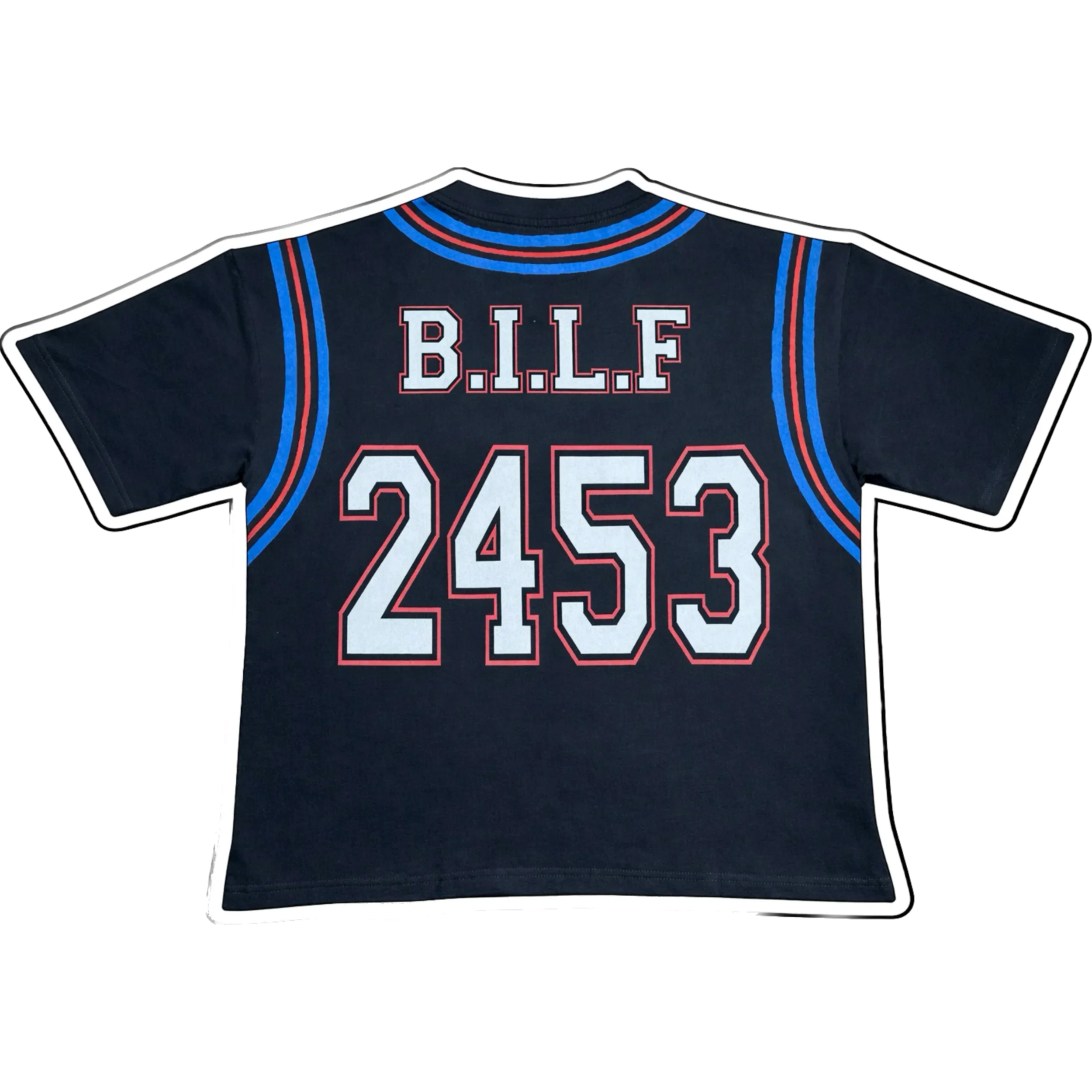 A dark blue sports jersey featuring red, white, and blue accents and the words 'B.I.L.F' and the number '245' printed on the back.