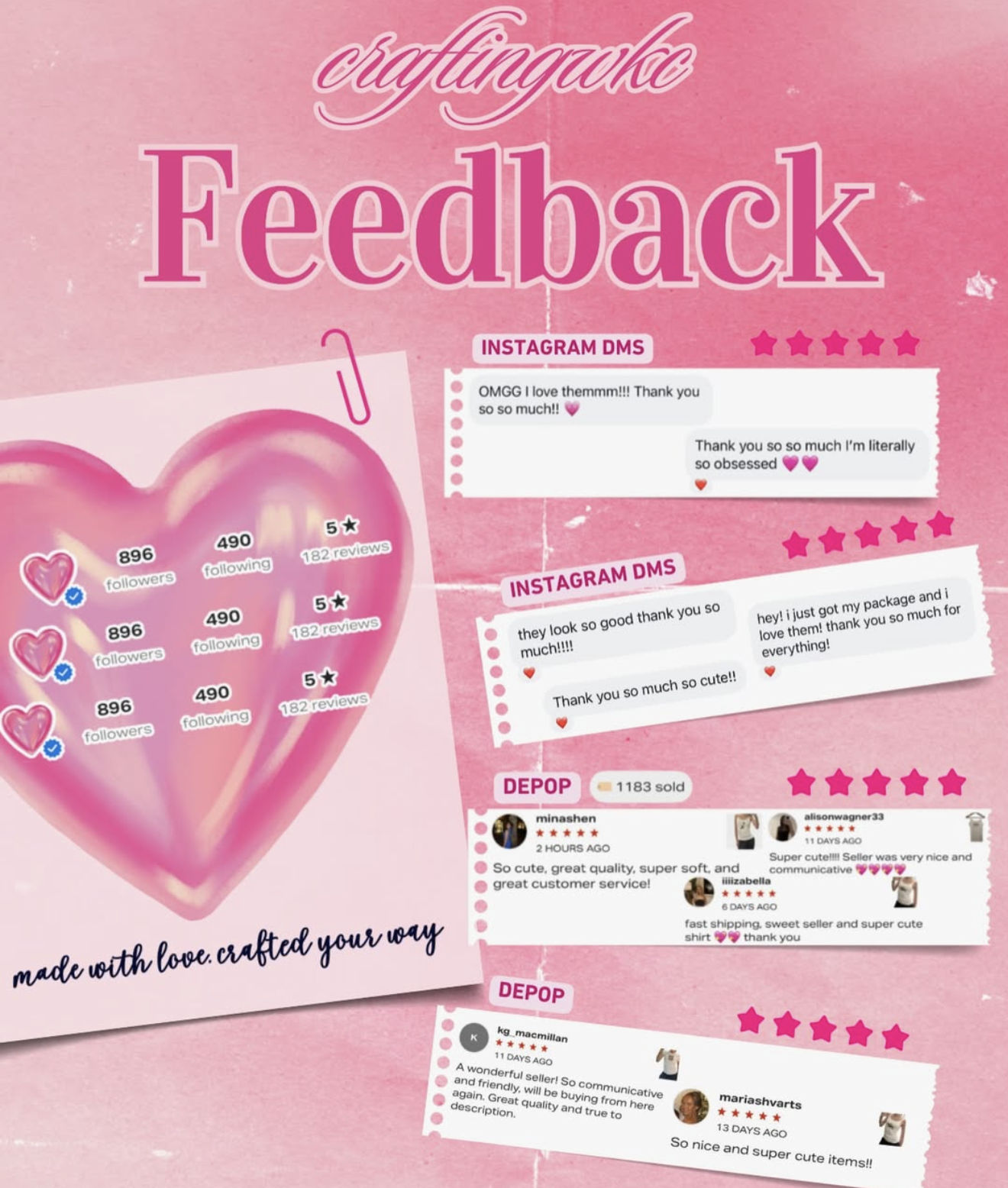 Pink background with a large heart shaped illustration and several social media review snippets about products. The text includes 'Feedback' and 'made with love, crafted your way'.