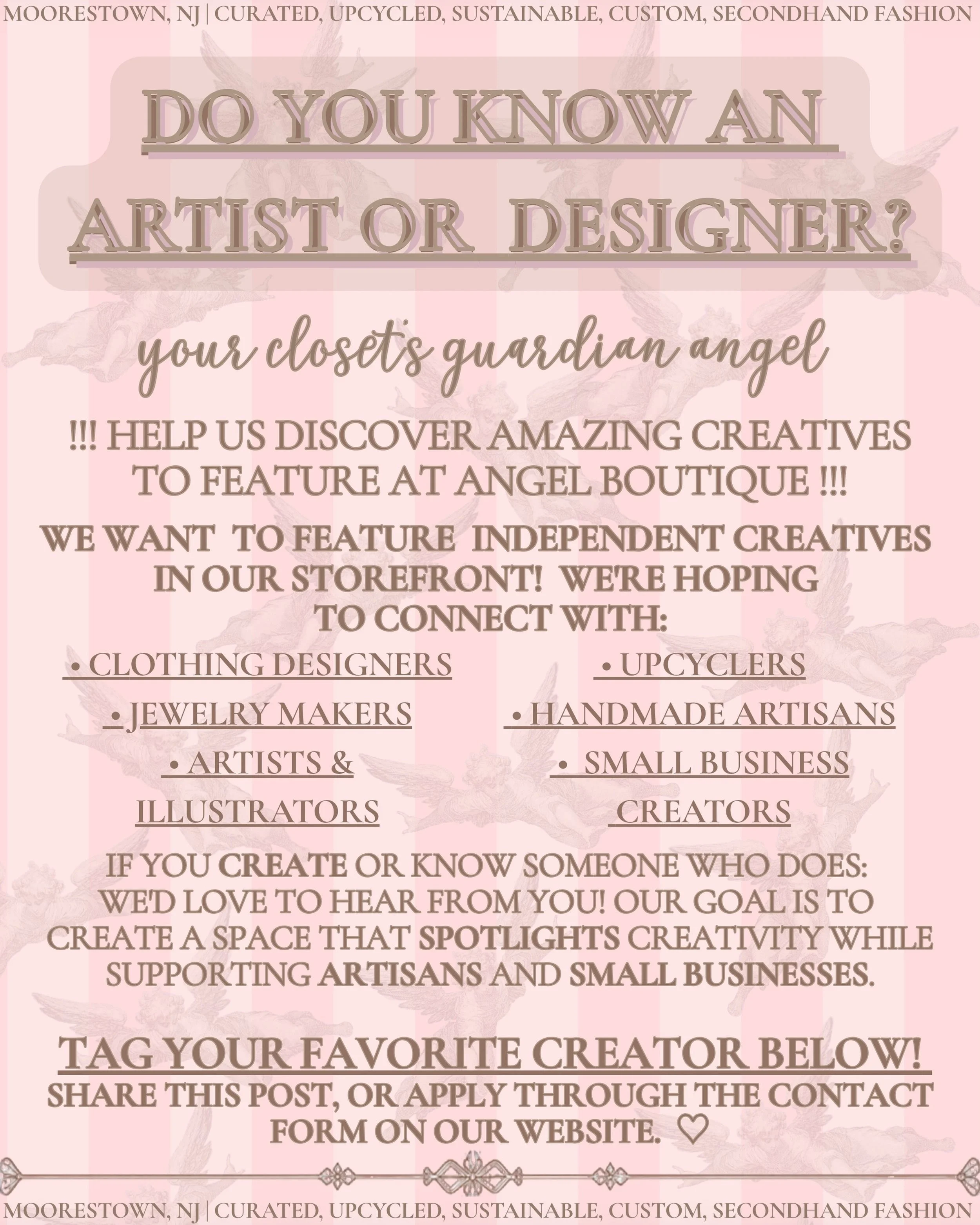 I have so many ideas for Angel Boutique, and I&rsquo;m so excited that one of them gets to start as soon as we open! We plan on hosting different opportunities to support independent artists, designers, and small businesses. I would love for Angel Bo