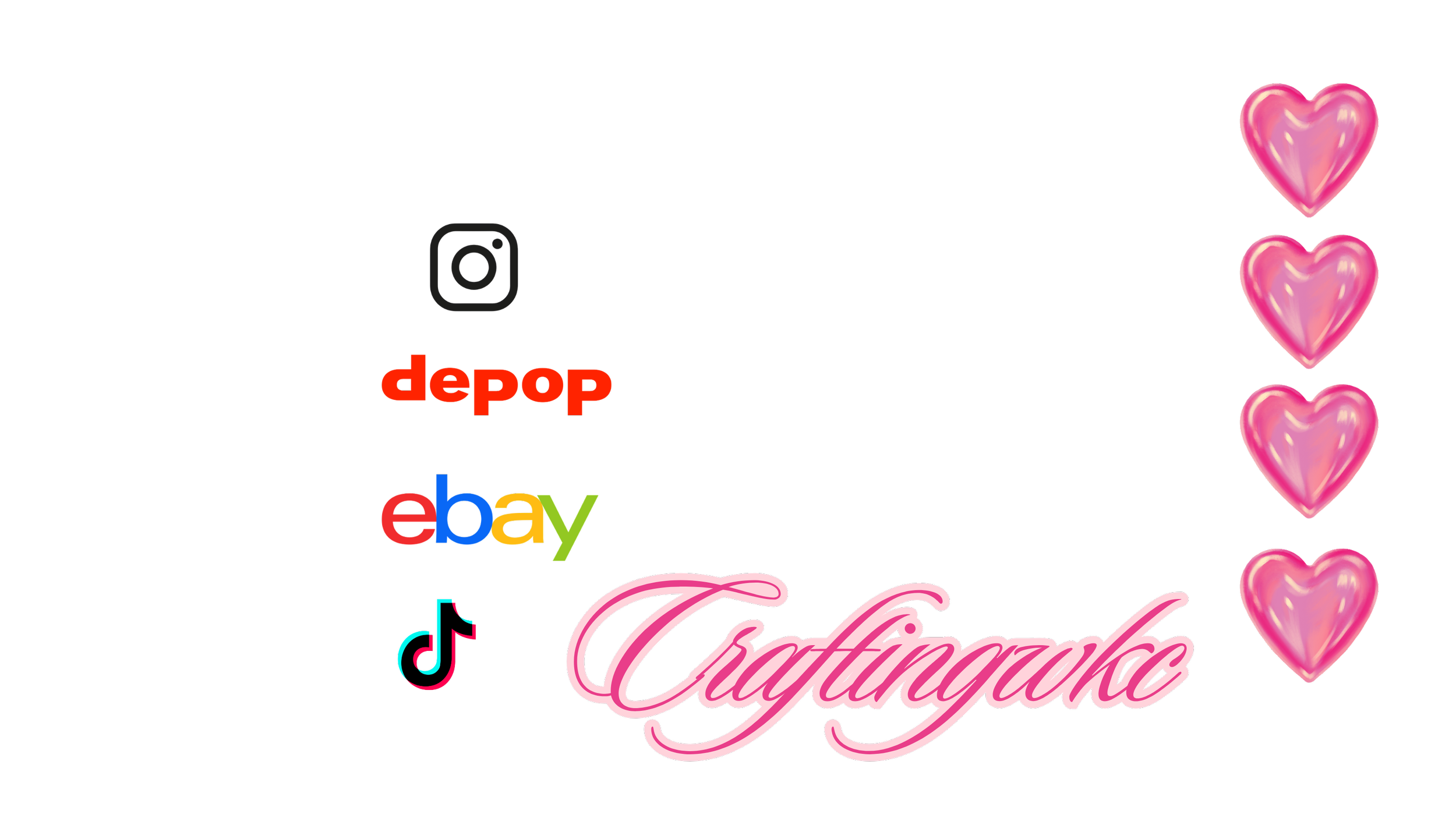 A graphic design celebrating online shopping and social media platforms with logos for TikTok, eBay, depop, and Instagram, alongside pink heart graphics and the word 'Celebrating' in cursive pink text.