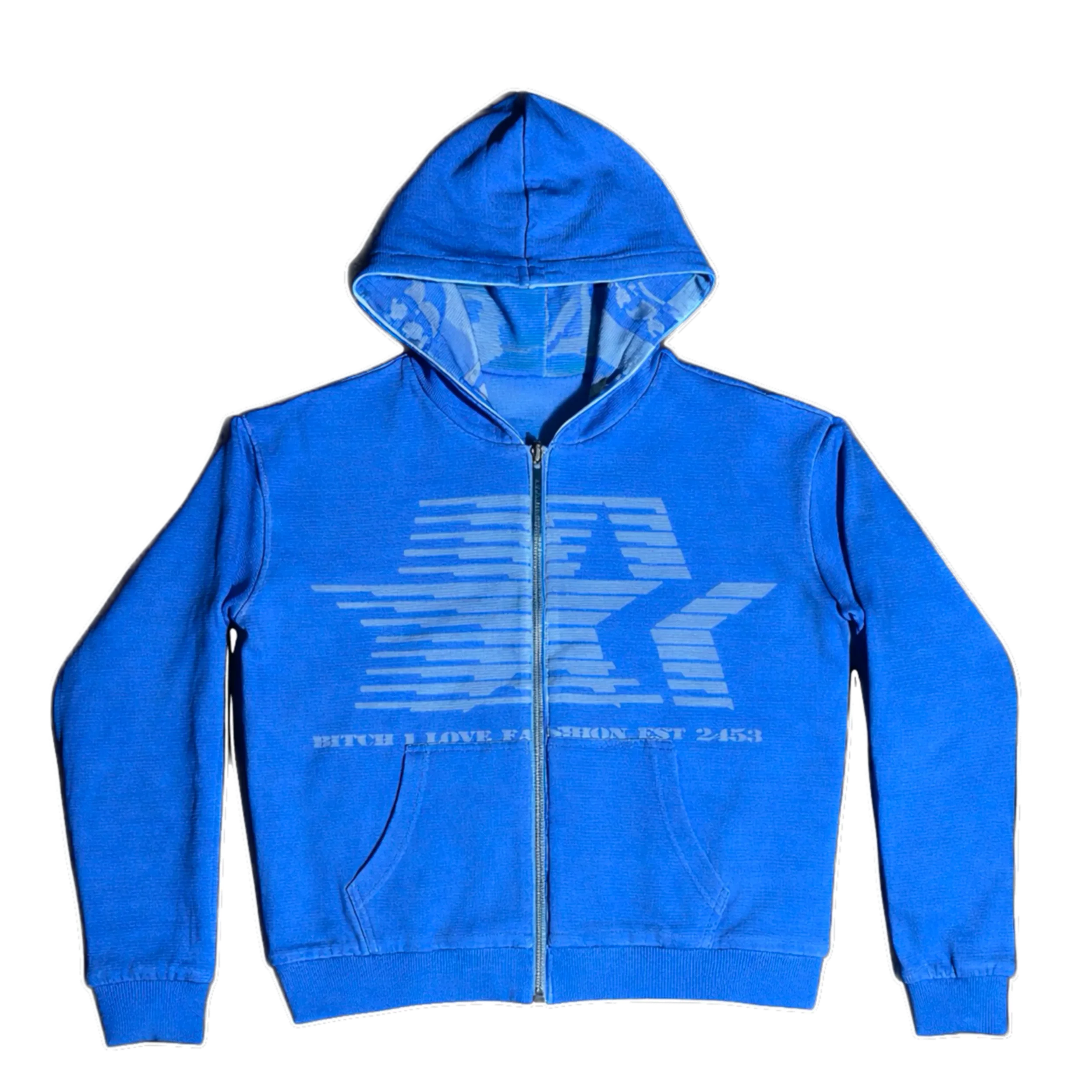 A blue hooded jacket with a zippered front and white text on the lower part.