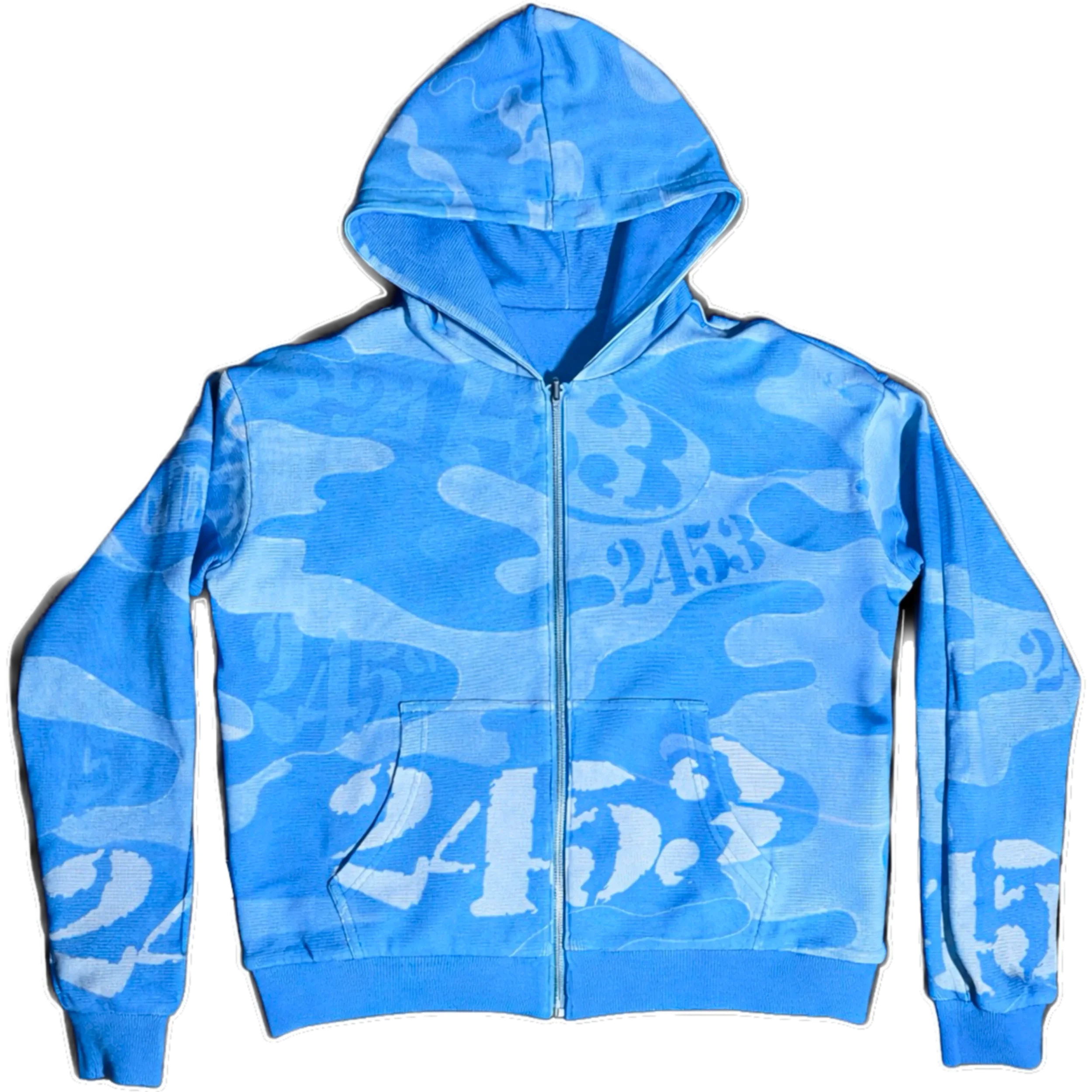 Blue hoodie with a abstract pattern, front view and partially zipped up.