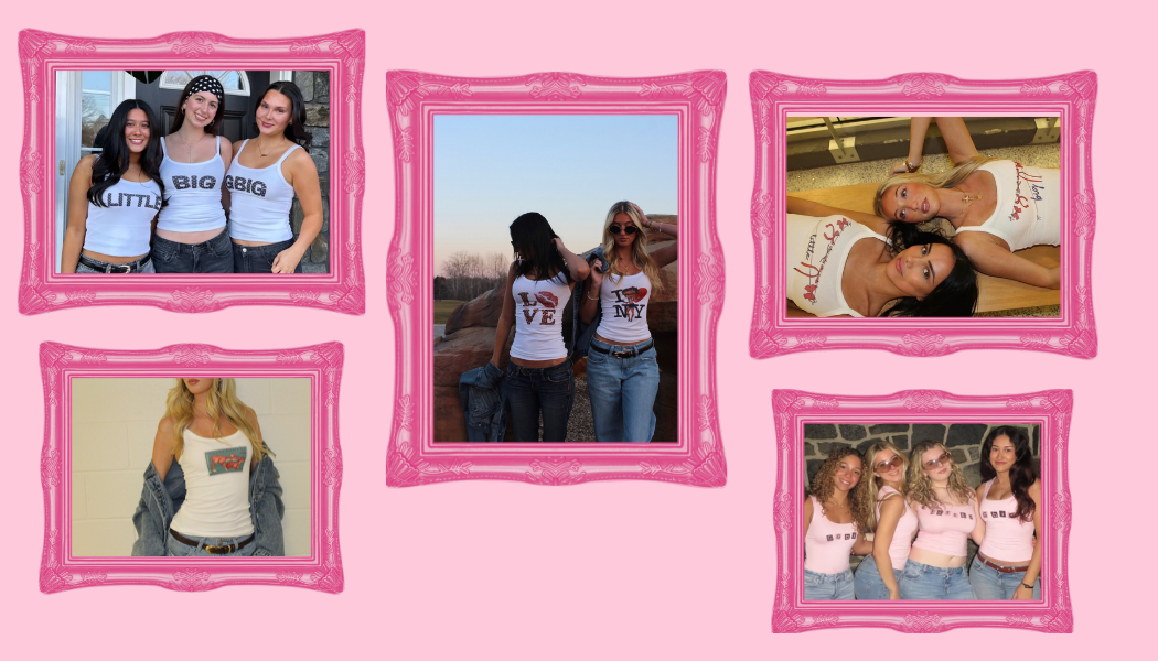 Collage of five photos featuring young women wearing white tank tops with various texts, posing outdoors and indoors against different backgrounds, on a pink background with ornate pink frames.