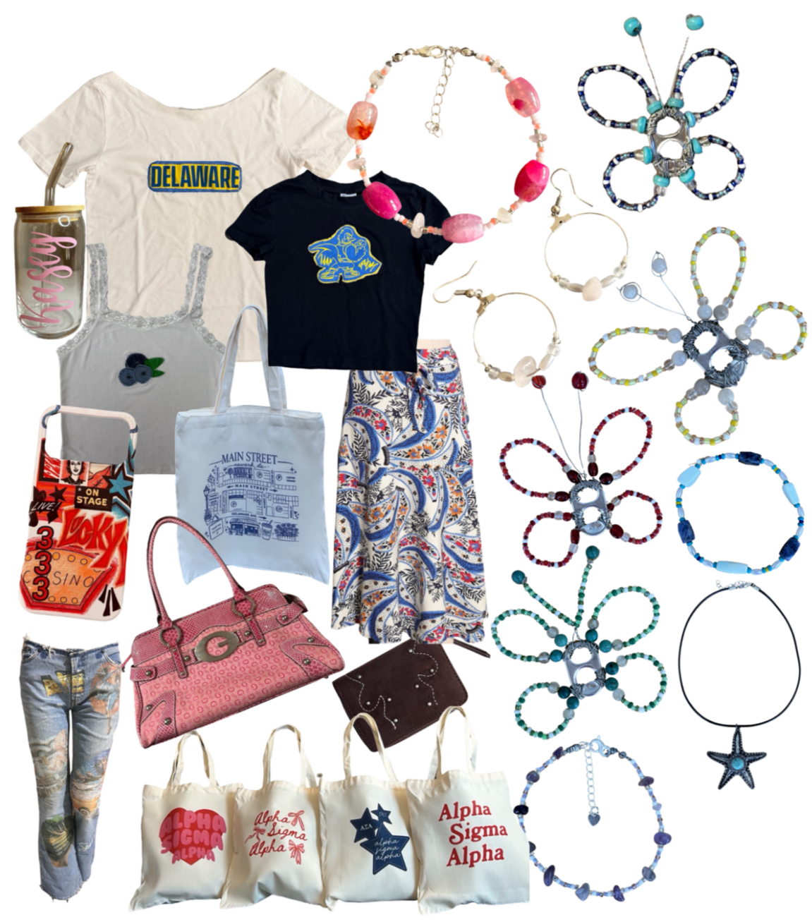 A collection of clothing, accessories, and bags themed around Delaware and Alpha Sigma Alpha sorority, including T-shirts, pants, necklaces, bracelets, tote bags, and jewelry.