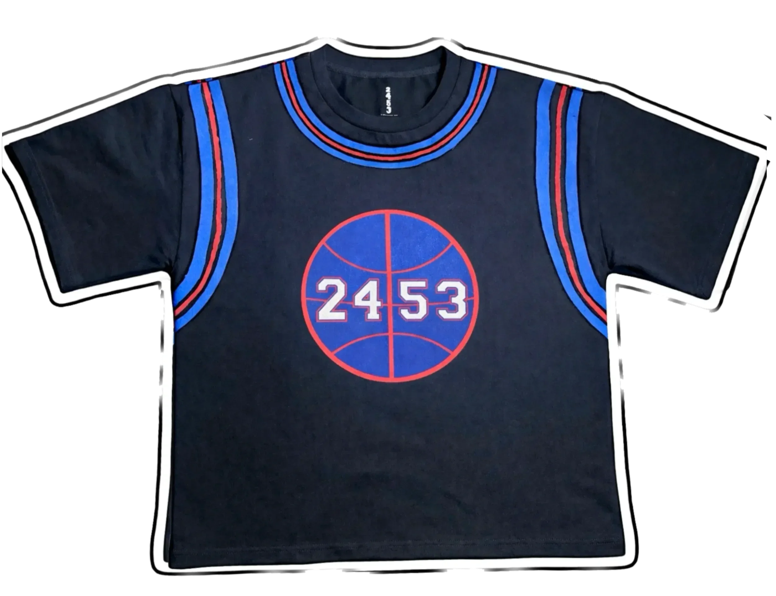 A navy blue T-shirt with red, blue, and white striped accents and a basketball graphic with the number 2453 on the front.