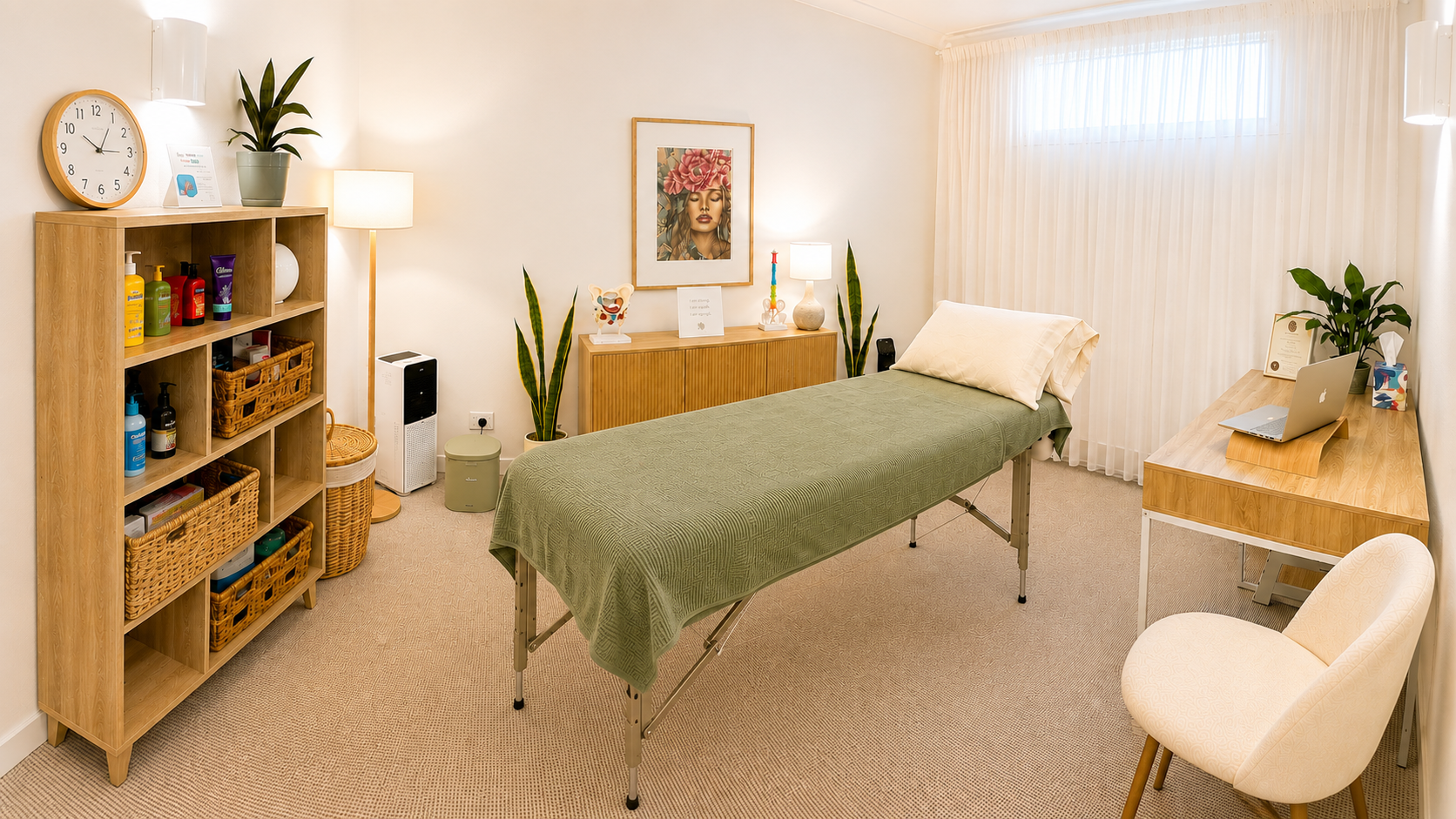 A massage therapy room with a massage table covered with a green sheet, a wooden sideboard with artwork and plants, a gallery wall, a desk with a laptop, a chair, and shelves with supplies.