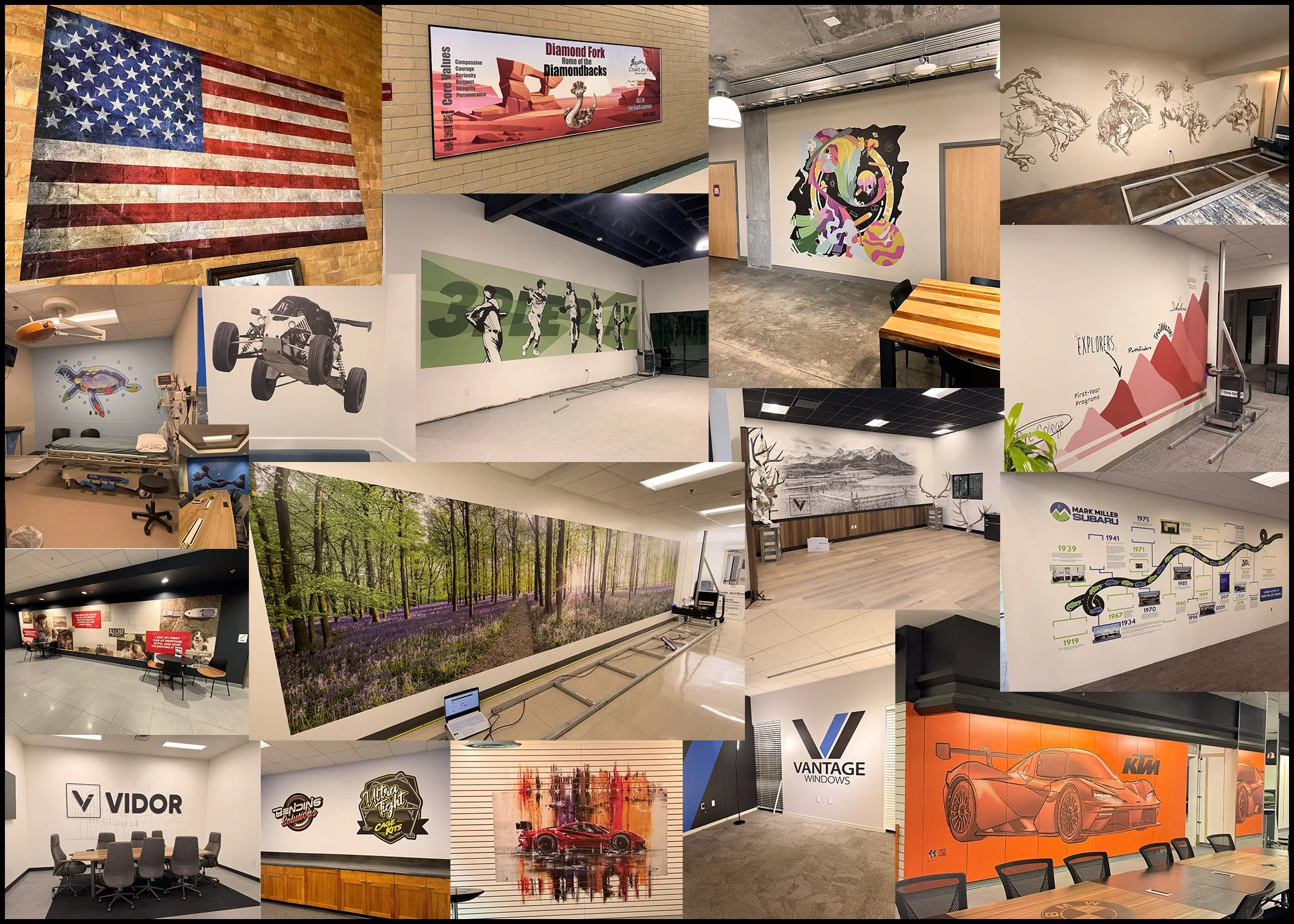 Collage of various indoor space images: American flag on brick wall, signs, murals, conference rooms, nature scenes, artwork, cars, and an office.