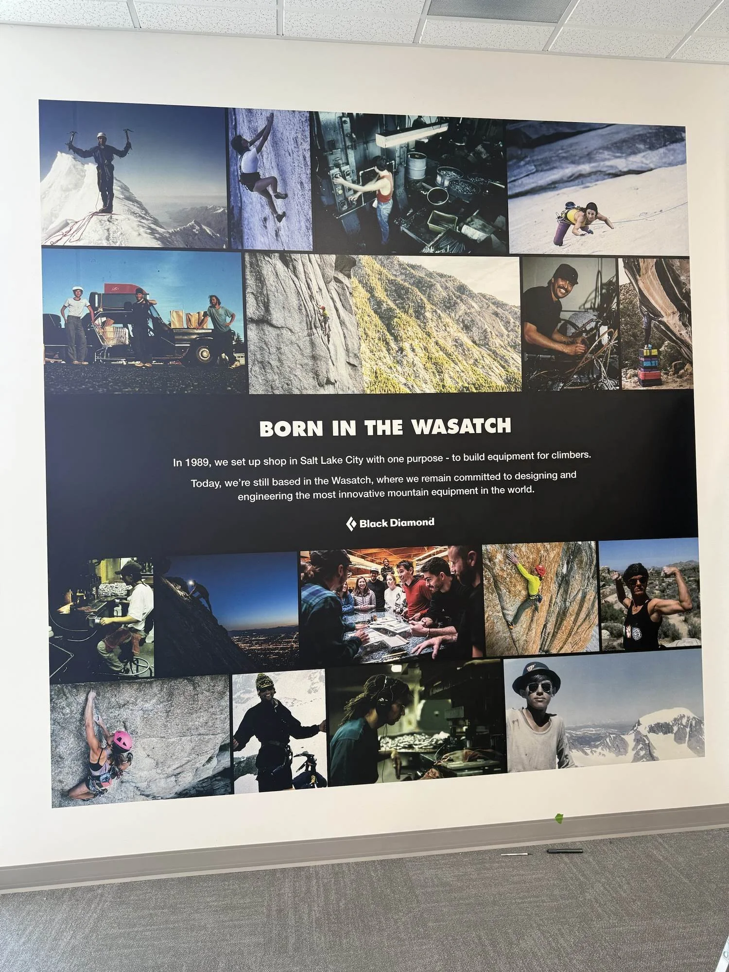 Born in the Wasatch brand history mural printed on a wall at Black Diamond in Salt Lake City