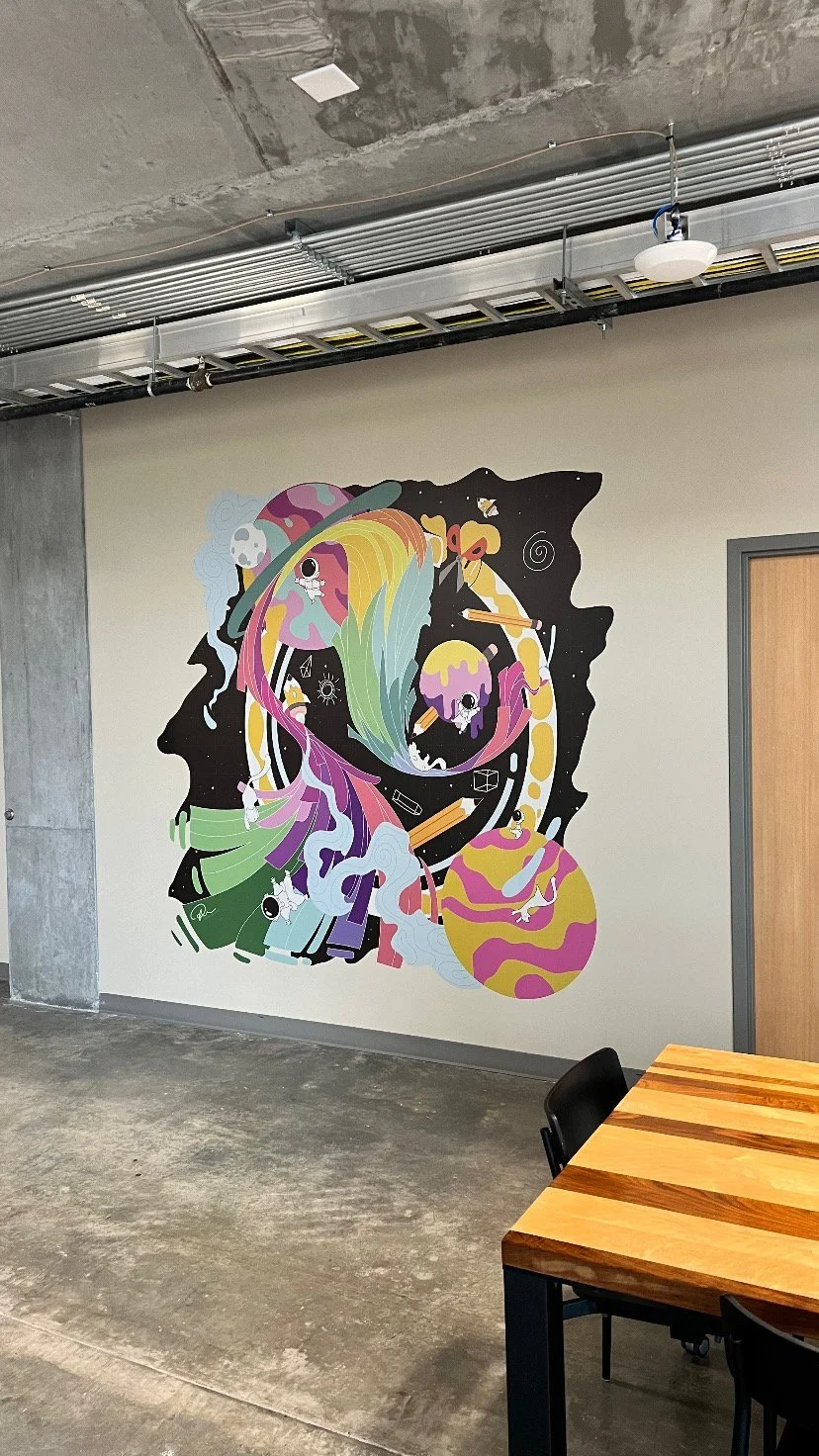 Human created digitally wall printed Colorful custom illustration printed on a conference room wall at Lassonde Studios, University of Utah
