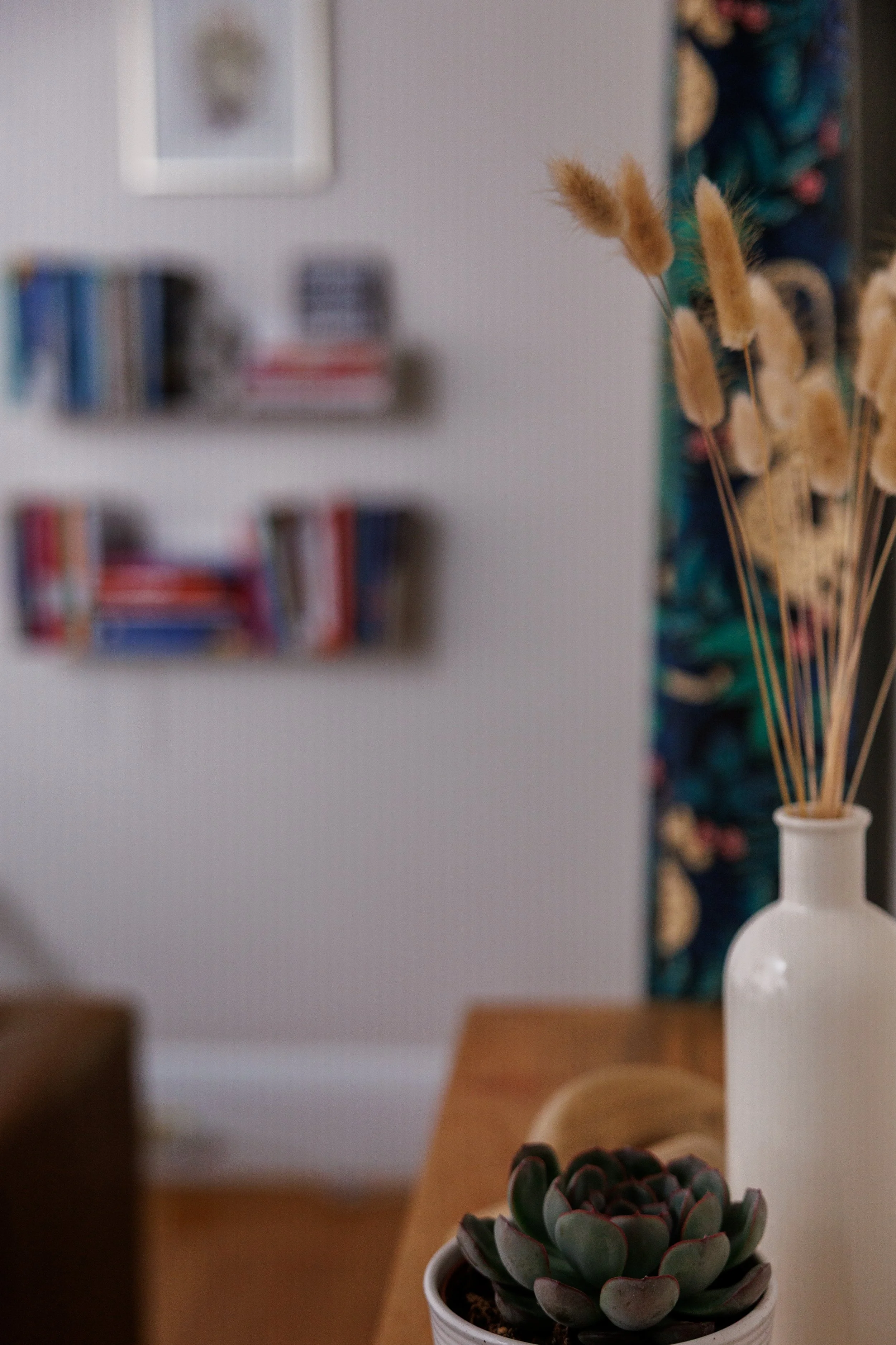Close-up of a potted succulent plant on a wooden surface with a blurred interior background including a white wall, a bookshelf, and a tall white vase with dried decorative grasses.