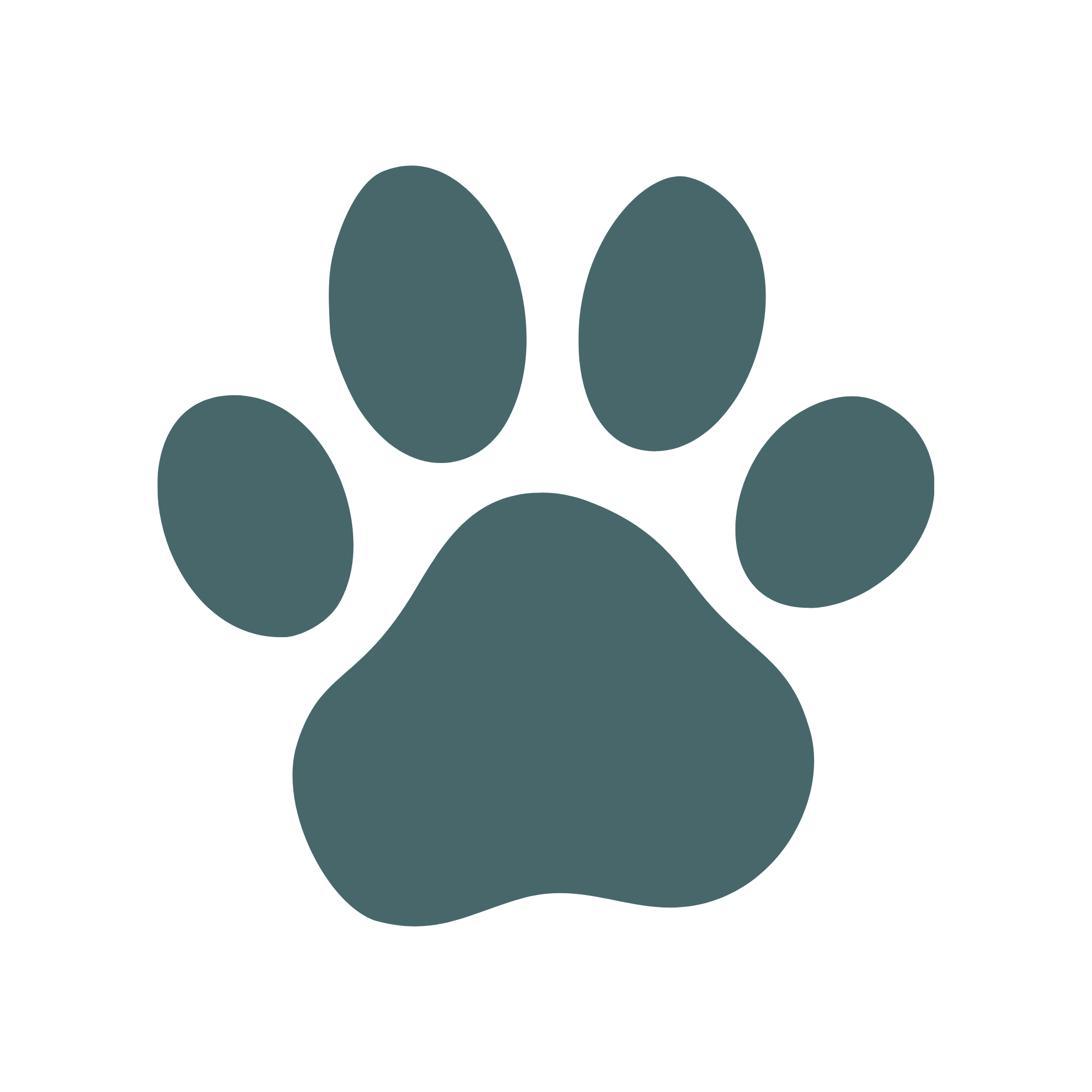 A black abstract illustration resembling a dog paw print with elliptical shapes representing toes on a transparent background.