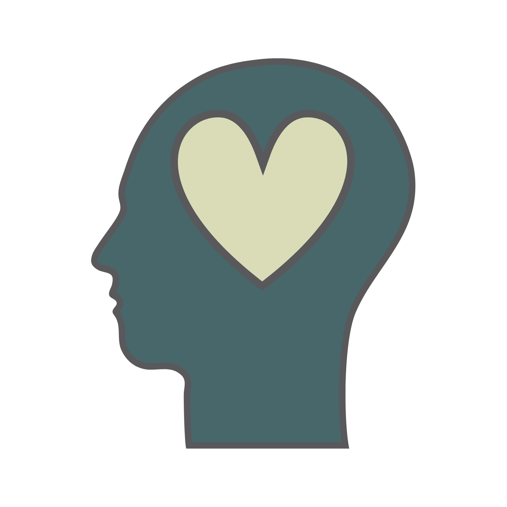 Digital illustration of a human head in profile view with a heart symbol inside the brain area, depicting mental health or emotional well-being.