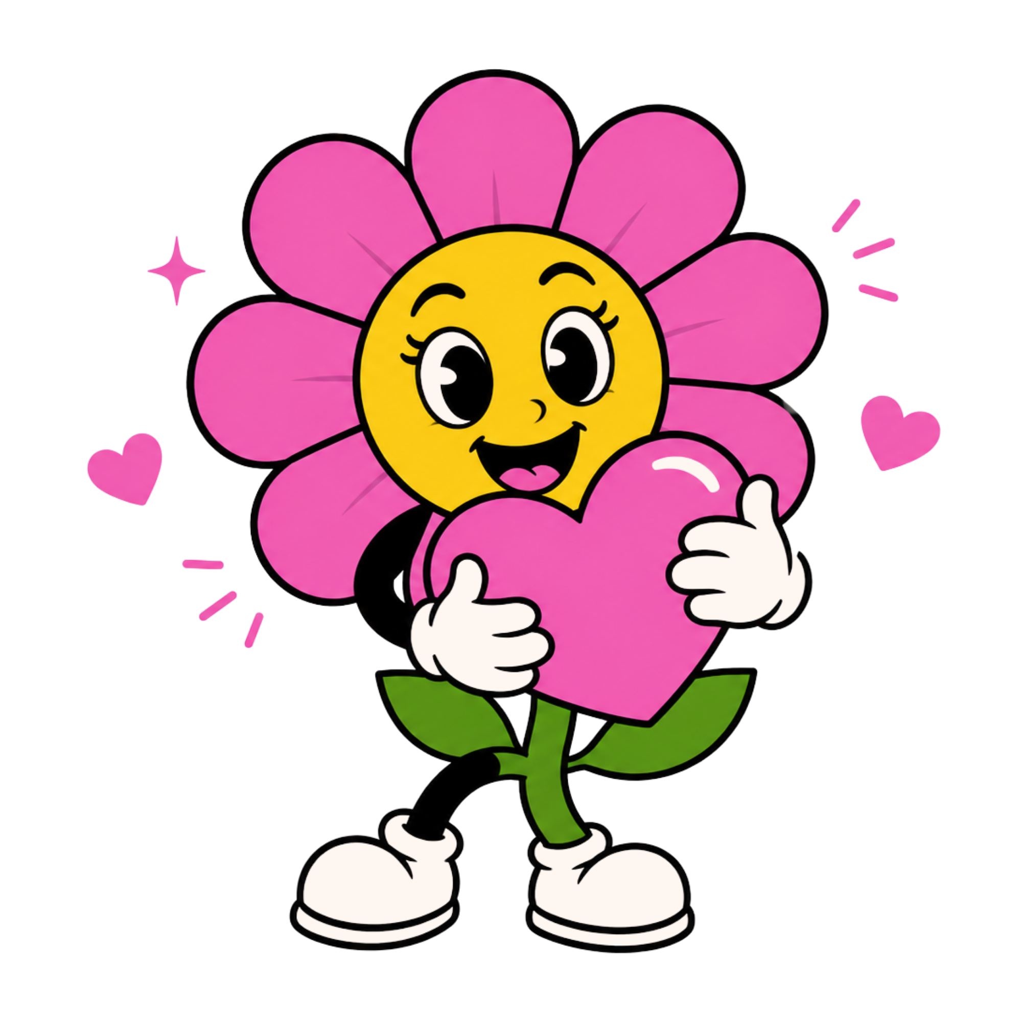 Cartoon pink flower with a smiling face, big expressive eyes, holding hearts in the background.