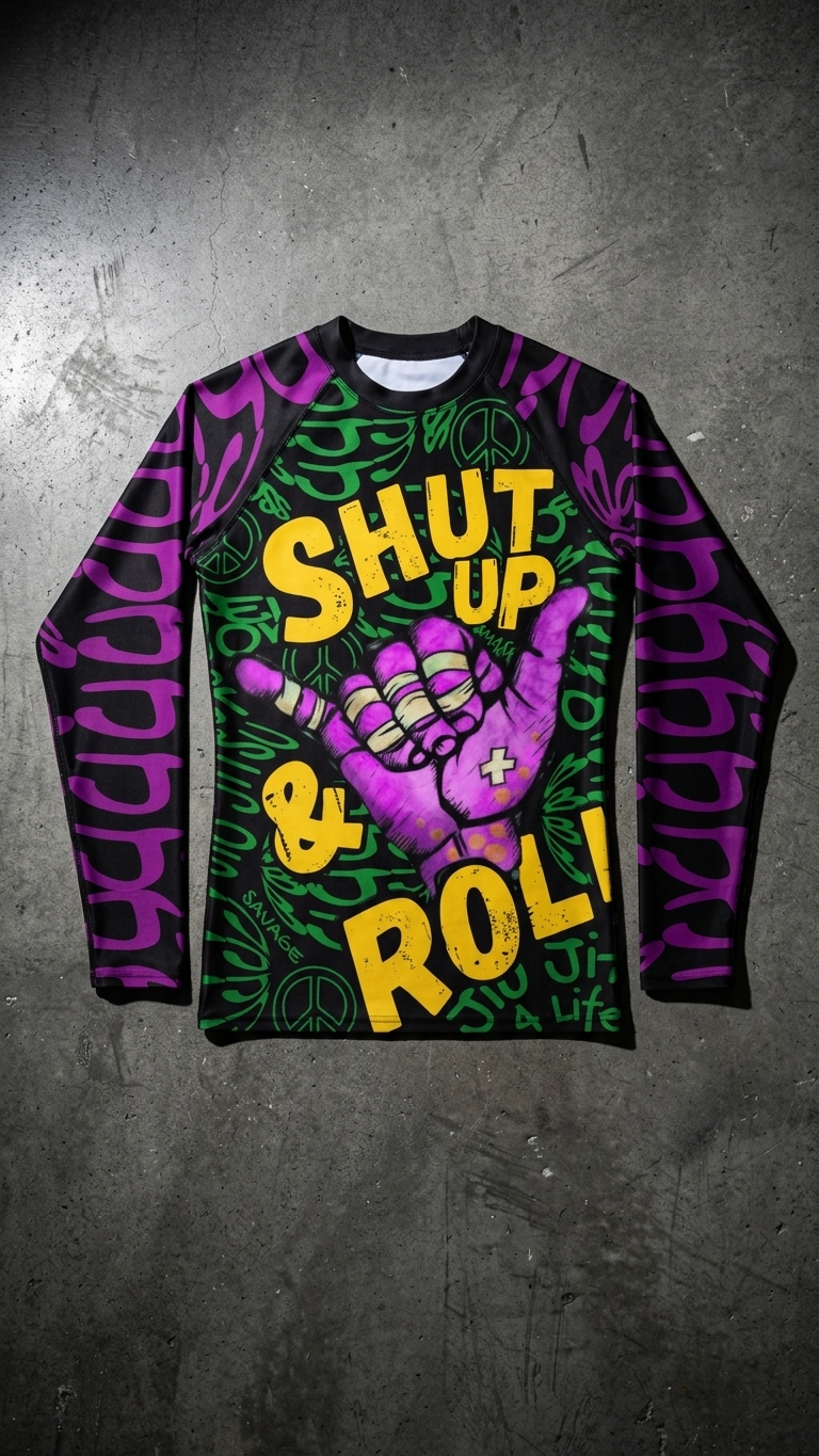 A long-sleeve bjj rash guard with a colorful graffiti-style design, featuring purple, green, and yellow colors, with the text 'SHUT UP & ROLL' and a hand making the shaka sign.