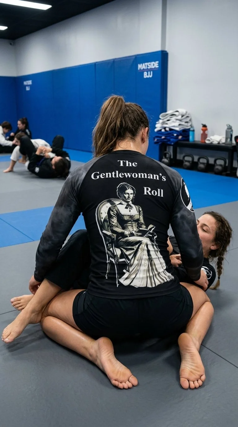 Two women practicing Brazilian Jiu-Jitsu in a gym, one woman sitting on the mat and the other woman on top, wearing a black rash guard with a graphic and the text "The Gentlewoman's Roll" on the back.