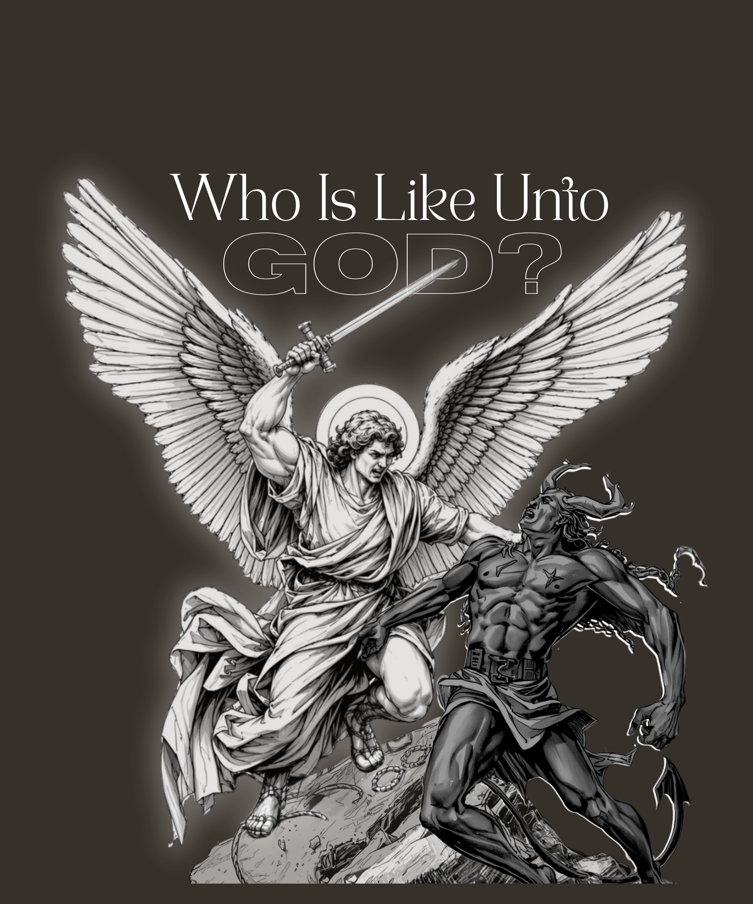 Black and white illustration of the mythological figure Prometheus with wings, holding a torch, battling a demonic creature with sharp horns and claws.