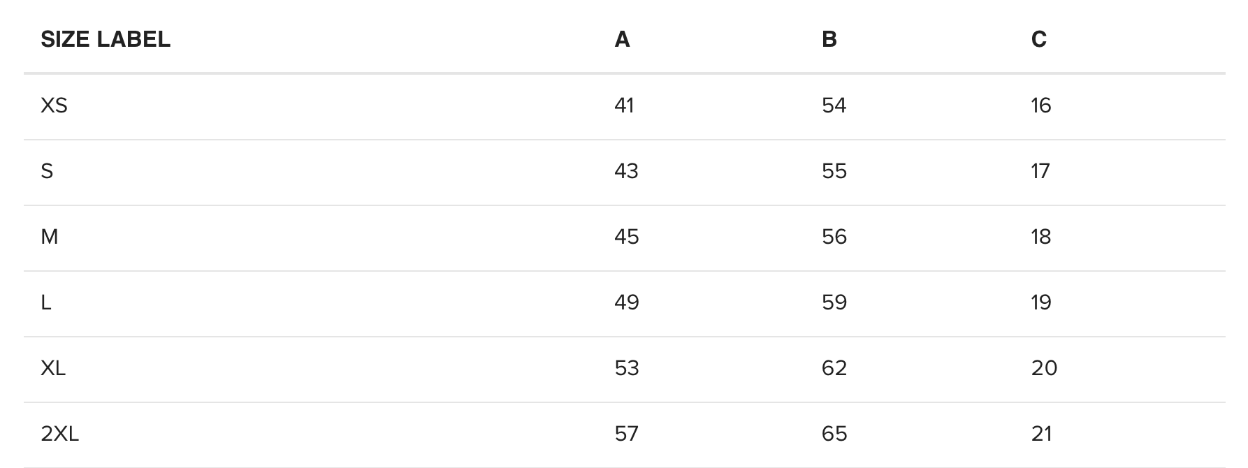 A size chart with columns for size labels XS, S, M, L, XL, and 2XL, and corresponding measurements in centimeters for columns A, B, and C.