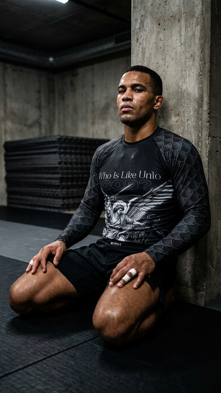 A man  sitting on his knees in a gym, resting against a concrete wall, wearing a graphically designed long-sleeve rash guard with the angel saint Michael battling the devil with the battle cry "who is like unto god?"