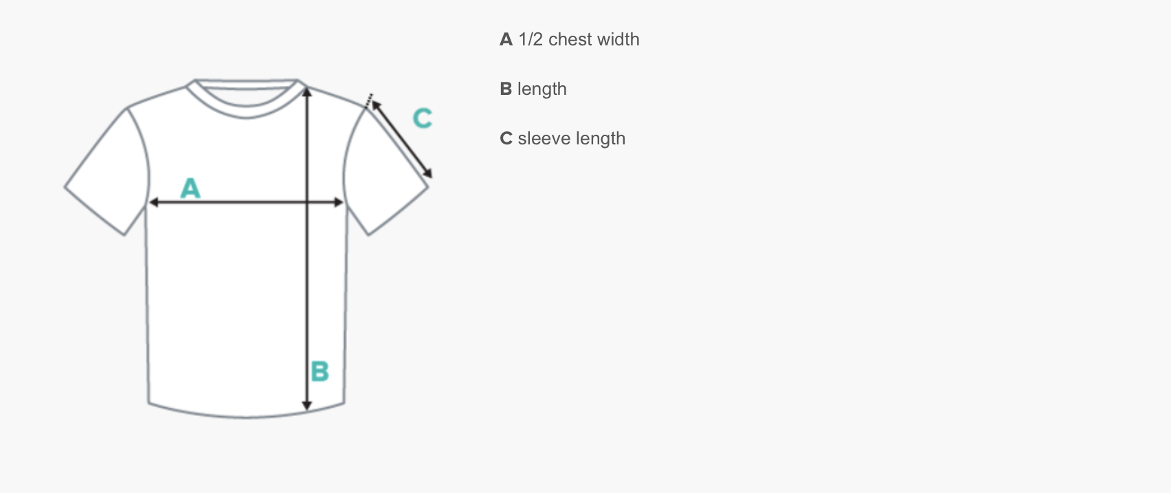 Line drawing of a T-shirt with labels indicating measurements for chest width, length, and sleeve length.