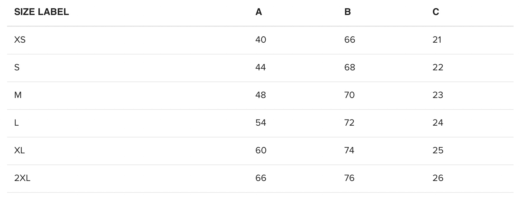 A size chart table with columns labeled XS, S, M, L, XL, and 2XL, showing measurements for A, B, and C in inches. And rows with corresponding measurements for each size.
