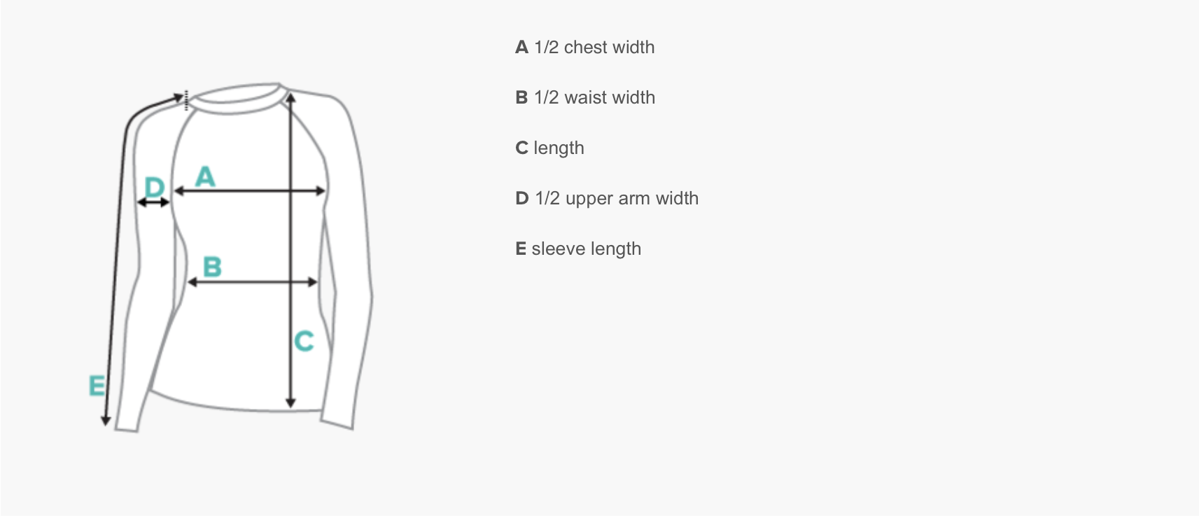 Diagram of a shirt with labeled measurements for chest width, waist width, length, upper arm width, and sleeve length.