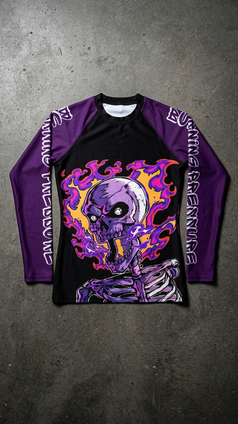 A long-sleeve Bjj rash guard shirt with purple sleeves and black body, featuring a graphic design of a purple skull with flames and a purple skeleton, surrounded by orange, purple, and pink flames, and text on the sleeves.